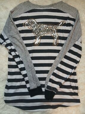 Victoria Secret Pink Black & White Stripe Sequin Dog Top
